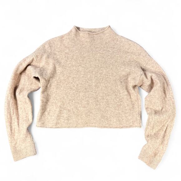 Reformation Recycled Cashmere Crop Sweater L Oatmeal Mock Neck Quietluxury Cozy - Picture 1 of 8